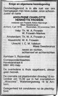 Overlijdensbericht A.C.H. (Donny) MG-Frowein (1994)